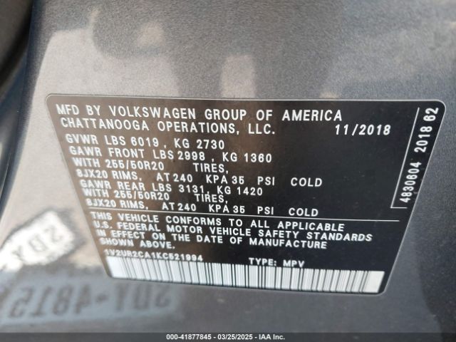 1V2UR2CA1KC521994 Volkswagen Atlas 3.6l V6 Se W/technology