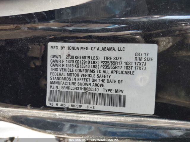 5FNRL5H31HB020510 Honda ODYSSEY SE