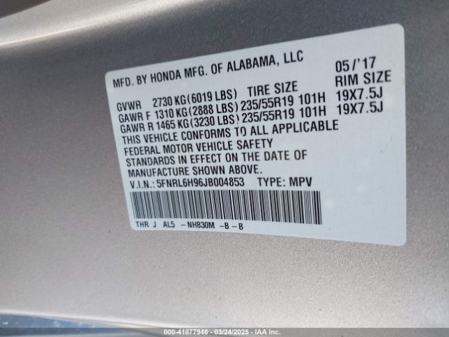 5FNRL6H96JB004853 Honda Odyssey Elite