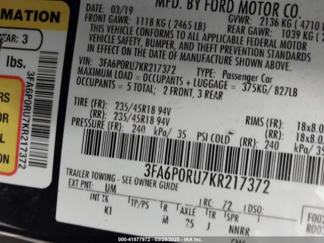 3FA6P0RU7KR217372 Ford Fusion Hybrid Titanium