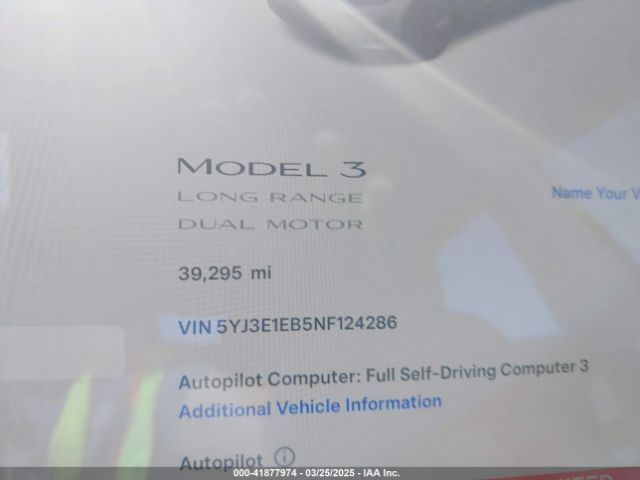 5YJ3E1EB5NF124286 Tesla Model 3 Long Range Dual Motor All-wheel Drive