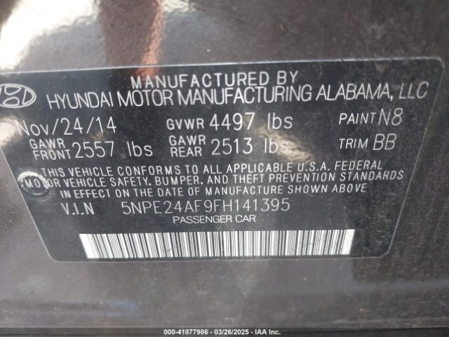 5NPE24AF9FH141395 Hyundai SONATA SE