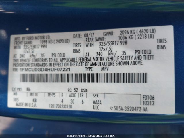 1FMCU0GD4HUF07221 Ford ESCAPE SE