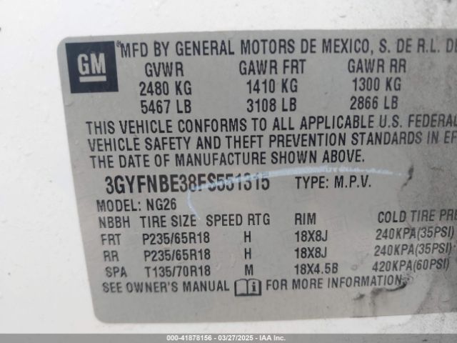 3GYFNBE38FS551315 Cadillac Srx Luxury Collection