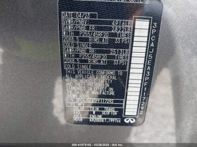 3PCAJ5EA3PF117292 Infiniti Qx50 Sensory