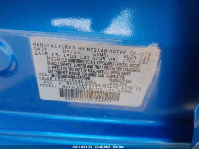 3N1CN8DV4ML880599 Nissan Versa S Xtronic Cvt