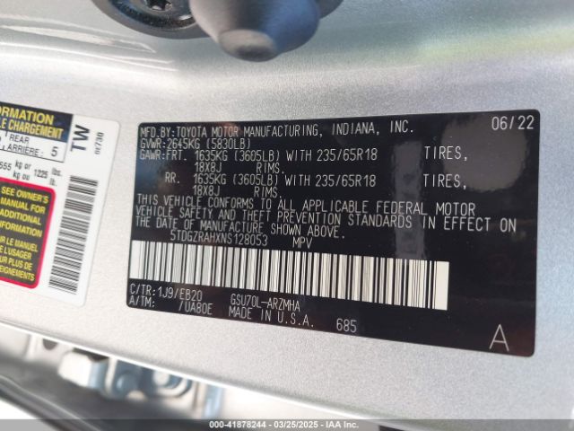 5TDGZRAHXNS128053 Toyota Highlander Xle