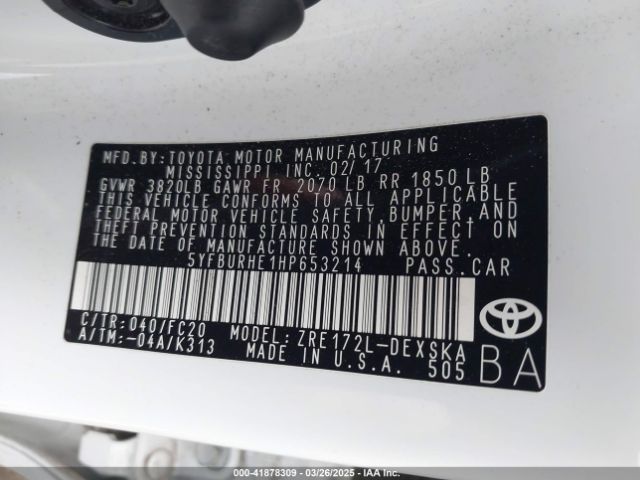 5YFBURHE1HP653214 Toyota COROLLA SE