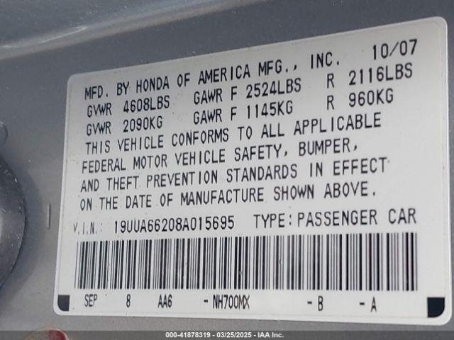 2008 ACURA TL 19UUA66208A015695 Photo 8