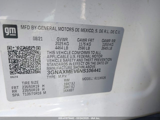3GNAXMEV6NS106441 Chevrolet Equinox Fwd Rs
