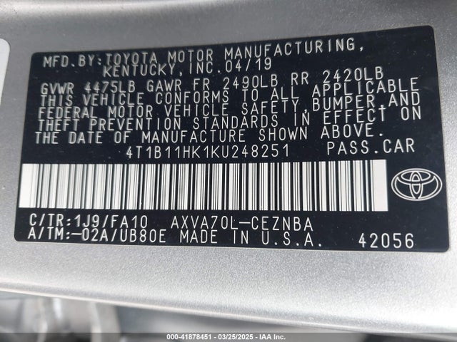 4T1B11HK1KU248251 Toyota CAMRY LE
