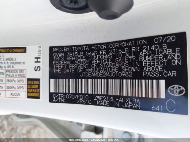 JTDEAMDE2MJ010982 Toyota Corolla Hybrid Le