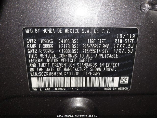 3CZRU6H35LG701205 Honda Hr-v Awd Lx