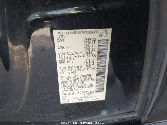 1N6DD0ER8JN707961 Nissan Frontier Sv