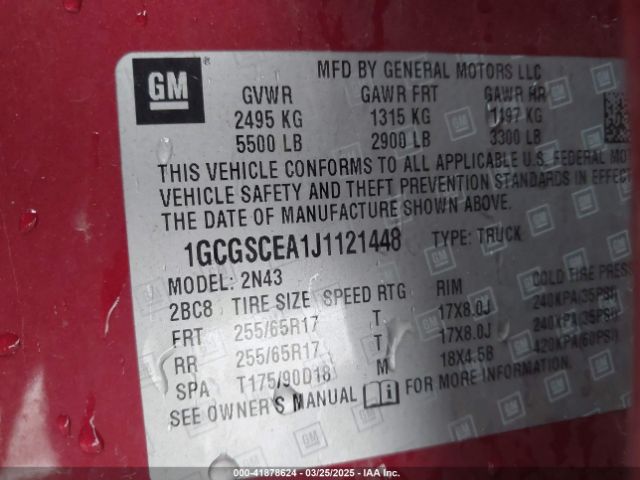 1GCGSCEA1J1121448 Chevrolet lcv - spark ignited direct injection, variable valve timing, dcvcp, e85 max, e0-e100, alum