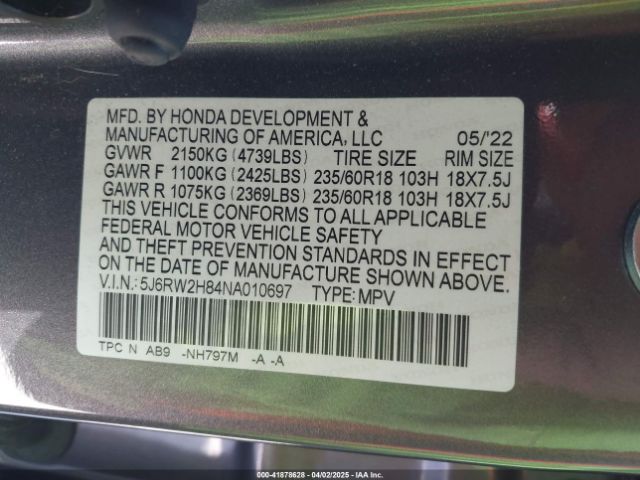 5J6RW2H84NA010697 Honda Cr-v Awd Ex-l