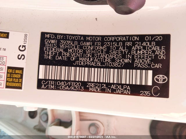 JTDEPRAE8LJ103827 Toyota COROLLA LE