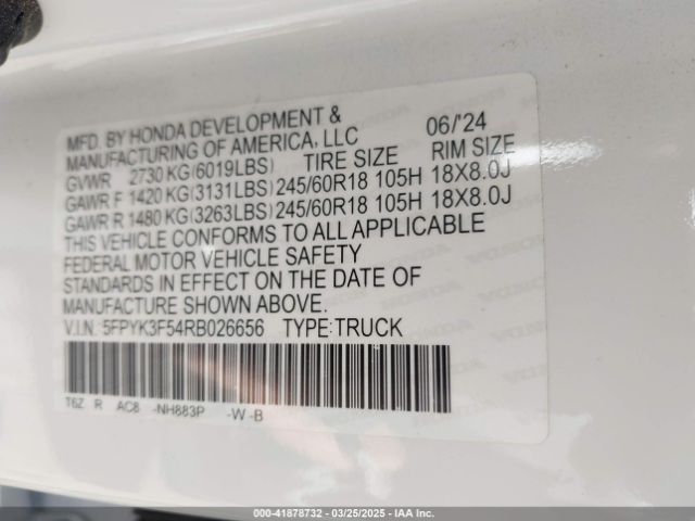 5FPYK3F54RB026656 Honda Ridgeline Rtl