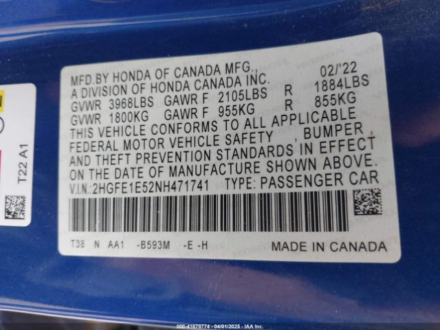 2HGFE1E52NH471741 Honda CIVIC SI SEDAN