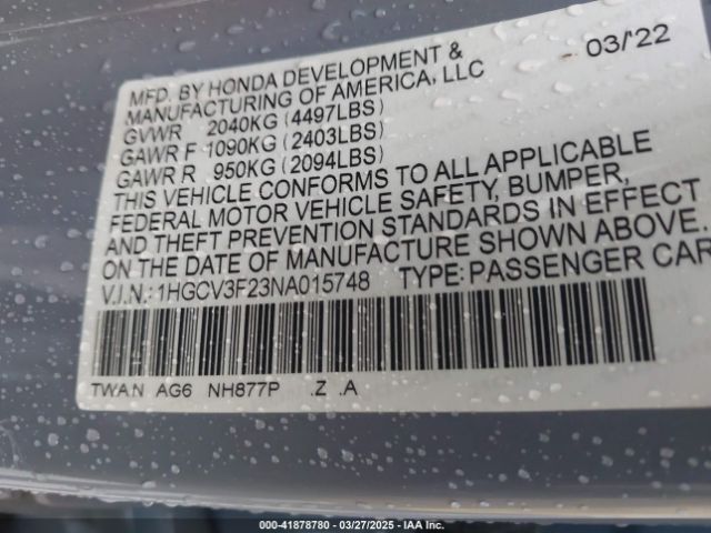 1HGCV3F23NA015748 Honda Accord Hybrid Sport