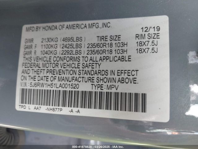 5J6RW1H51LA001520 Honda Cr-v 2wd Ex