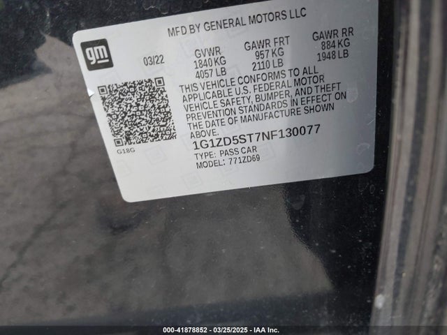 1G1ZD5ST7NF130077 Chevrolet Malibu Fwd Lt