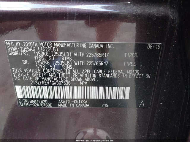 2T3ZFREV1GW307536 Toyota RAV4 LE