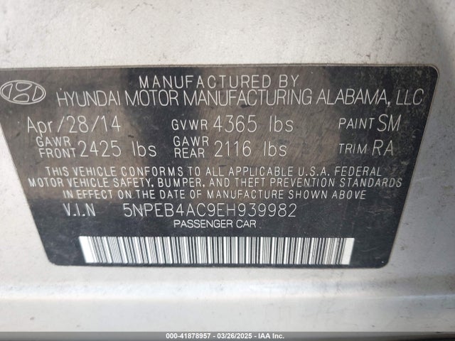 5NPEB4AC9EH939982 Hyundai SONATA GLS
