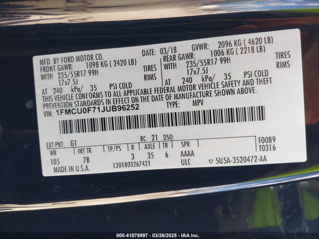 1FMCU0F71JUB96252 Ford ESCAPE S