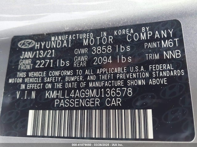 KMHLL4AG9MU136578 Hyundai ELANTRA SE