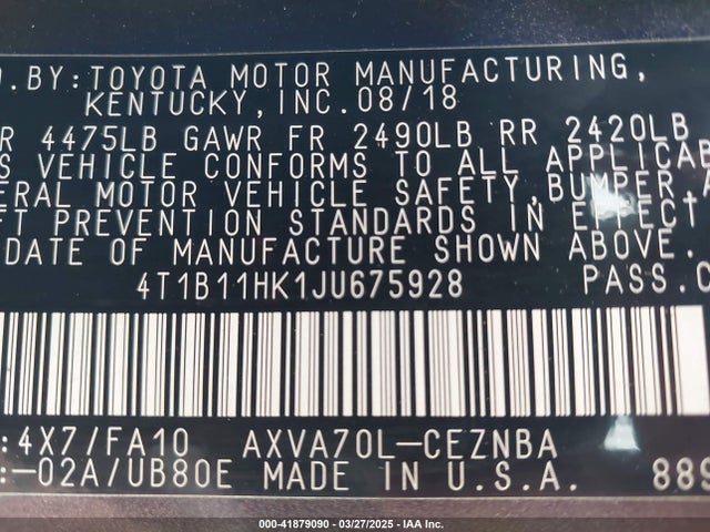 4T1B11HK1JU675928 Toyota CAMRY LE