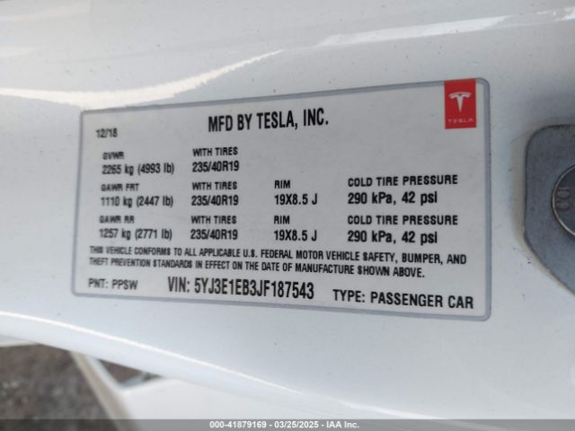 5YJ3E1EB3JF187543 Tesla Model 3 Long Range/performance