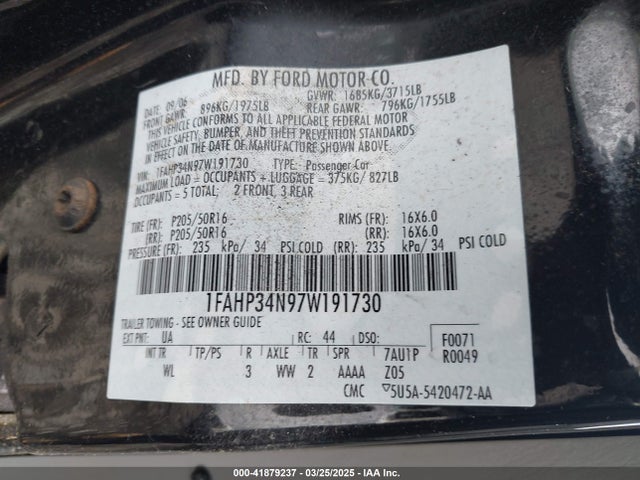 Продажа на аукционе авто 2007 Ford Focus S/se/ses, vin: 1FAHP34N97W191730, номер лота: 41879237