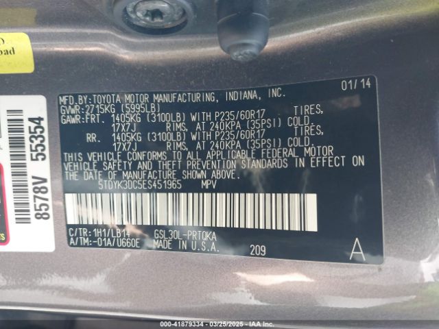 5TDYK3DC5ES451965 Toyota Sienna Xle V6 8 Passenger