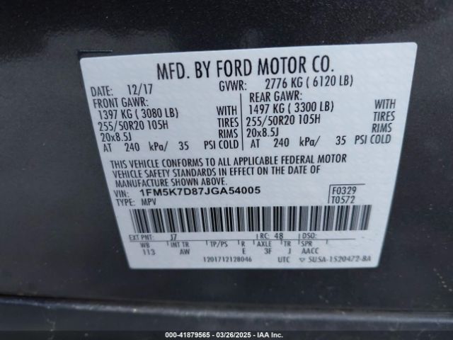 1FM5K7D87JGA54005 Ford EXPLORER XLT