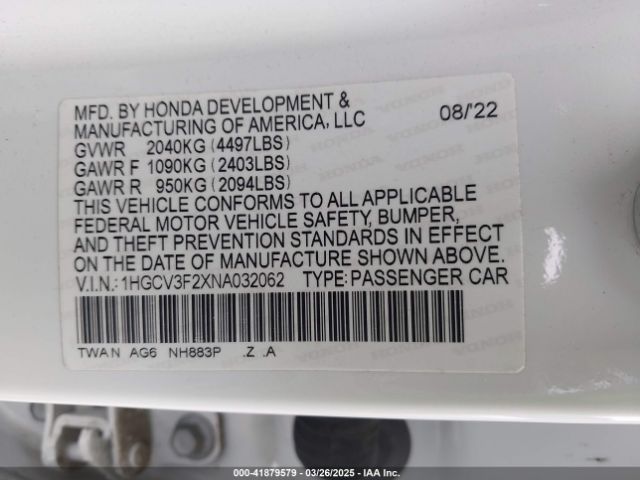 1HGCV3F2XNA032062 Honda Accord Hybrid Sport