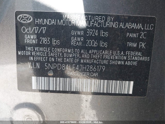 5NPD84LF4JH286179 Hyundai ELANTRA SEL