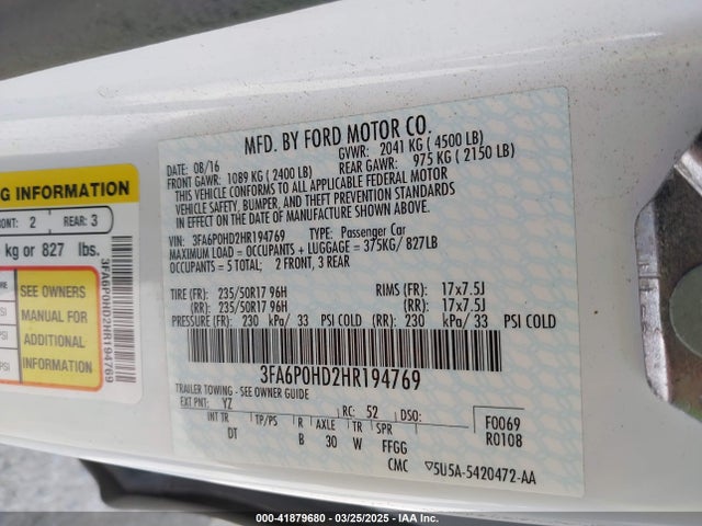 41879680 :رقم المزاد ، 3FA6P0HD2HR194769 vin ، 2017 Ford Fusion Se مزاد بيع