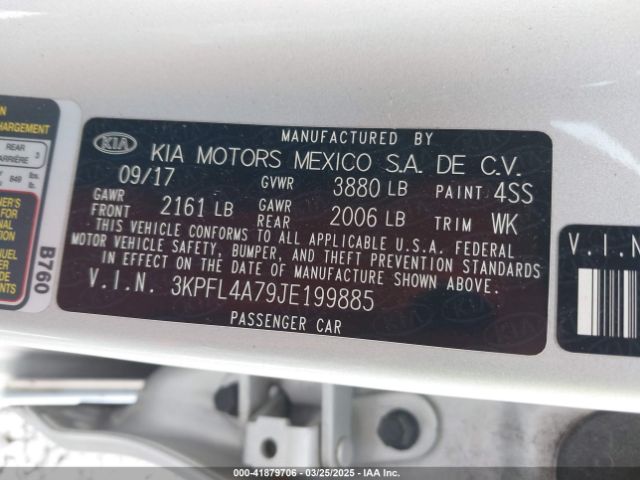 3KPFL4A79JE199885 KIA FORTE LX