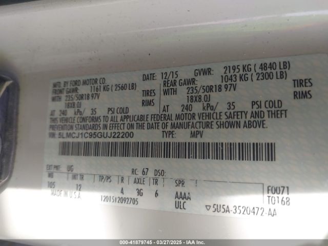 5LMCJ1C95GUJ22200 Lincoln Mkc Premier