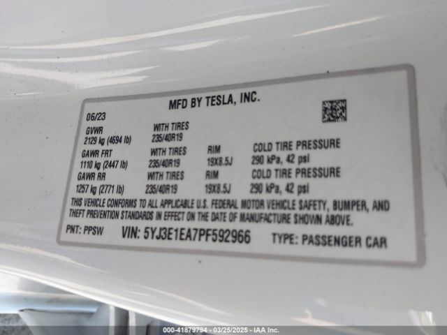 5YJ3E1EA7PF592966 Tesla Model 3 Rear-wheel Drive