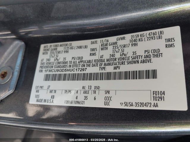 1FMCU9GD5HUC17297 Ford ESCAPE SE