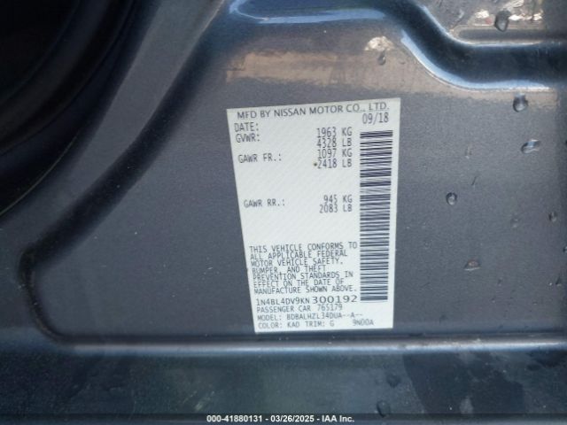 1N4BL4DV9KN300192 Nissan Altima 2.5 Sv