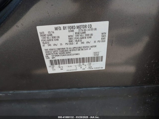 1FM5K7D8XGGC21983 Ford EXPLORER XLT