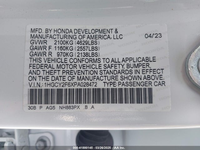 1HGCY2F6XPA028472 Honda Accord Hybrid Ex-l