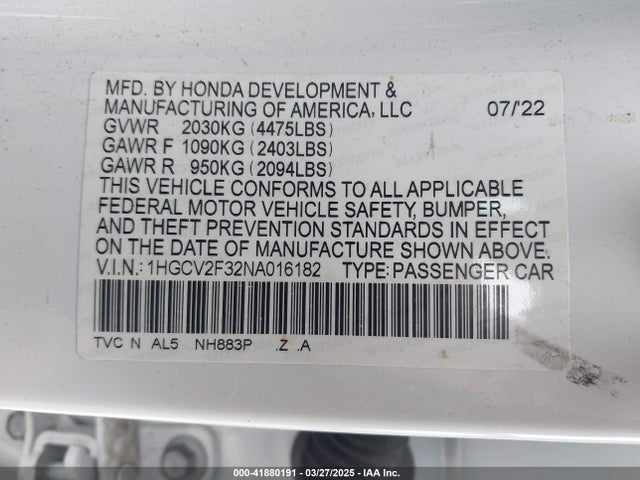 1HGCV2F32NA016182 Honda k20c4