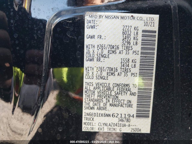 1N6ED1EK6NN621194 Nissan Frontier S 4x4