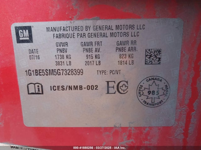 1G1BE5SM5G7328399 Chevrolet Cruze Lt Auto