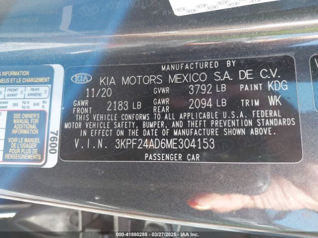 3KPF24AD6ME304153 KIA FORTE FE