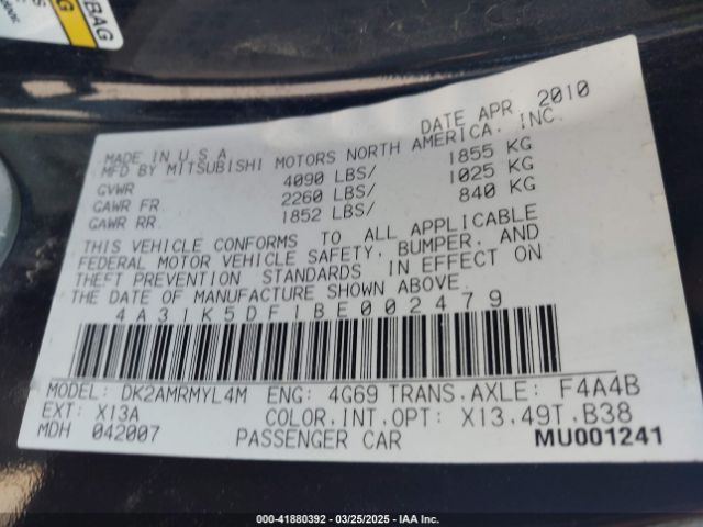 2011 MITSUBISHI ECLIPSE 4A31K5DF1BE002479 Photo 8